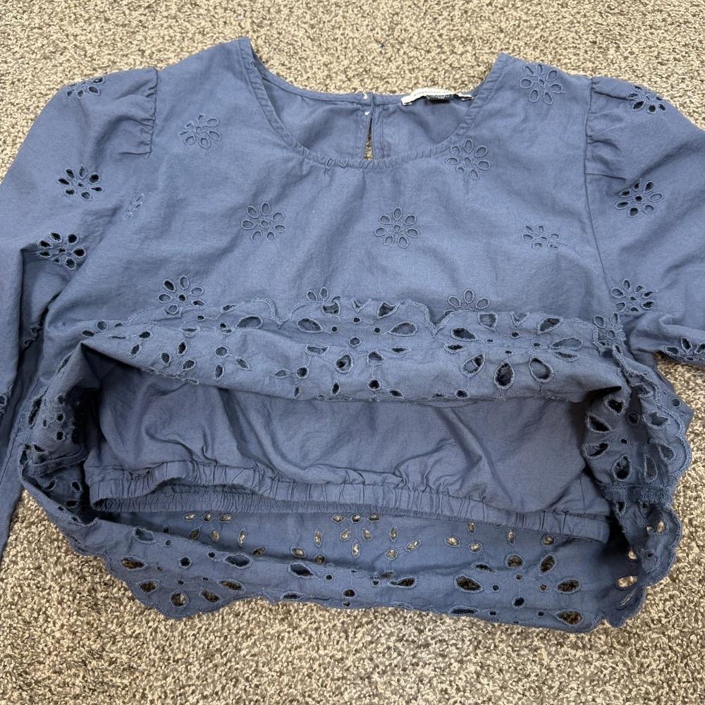 American Eagle Eyelet Crop Top Women's Small Blue Puff Sleeve Keyhole Back - Picture 8 of 10